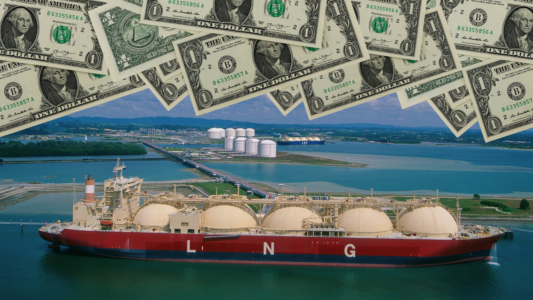 Foto van LNG tanker met 'regen' van dollars aan de bovenkant.